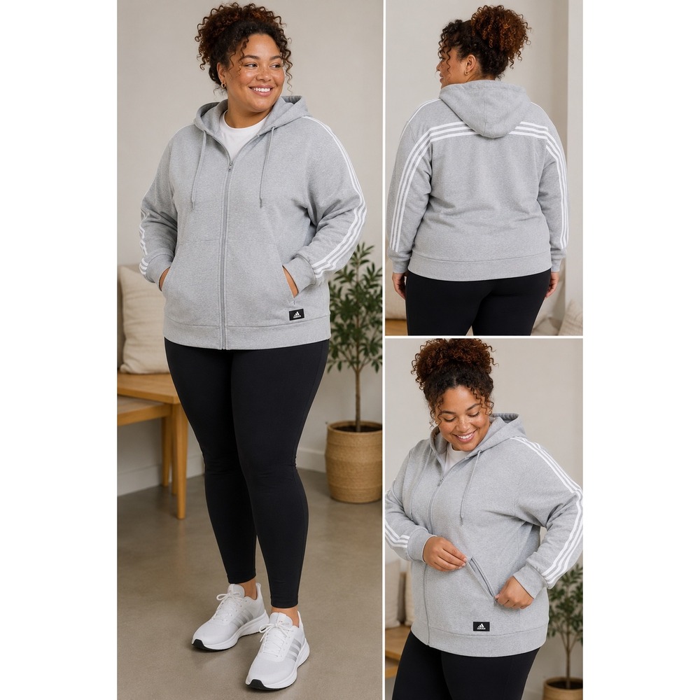 Adidas 3-Stripes Full Zip Hoodie 3X Plus Gray White Zip Sweatshirt Jacket Pocket